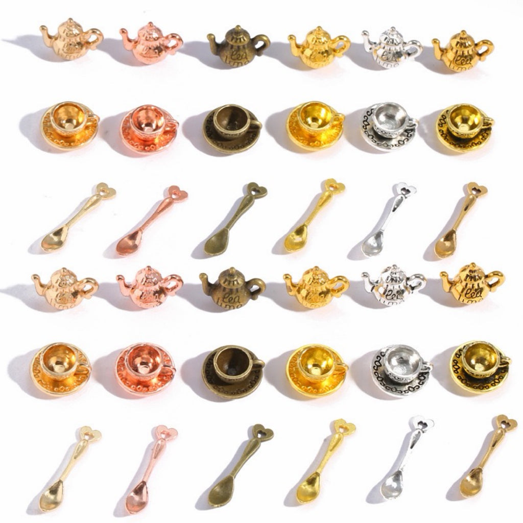 Mini 3D teapot, coffee cup and spoon alloy charms — all six finishes