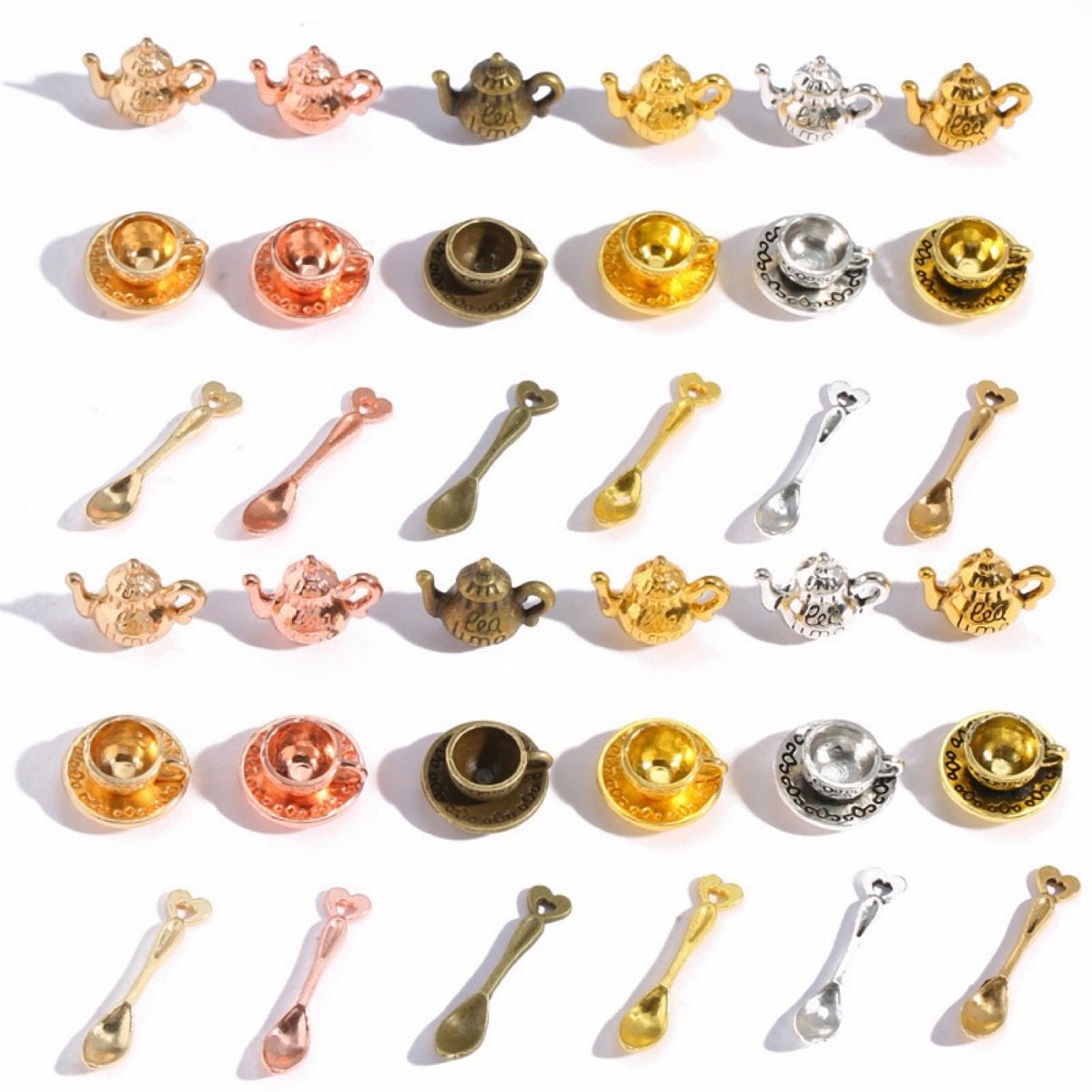 Mini 3D teapot, coffee cup and spoon alloy charms — all six finishes