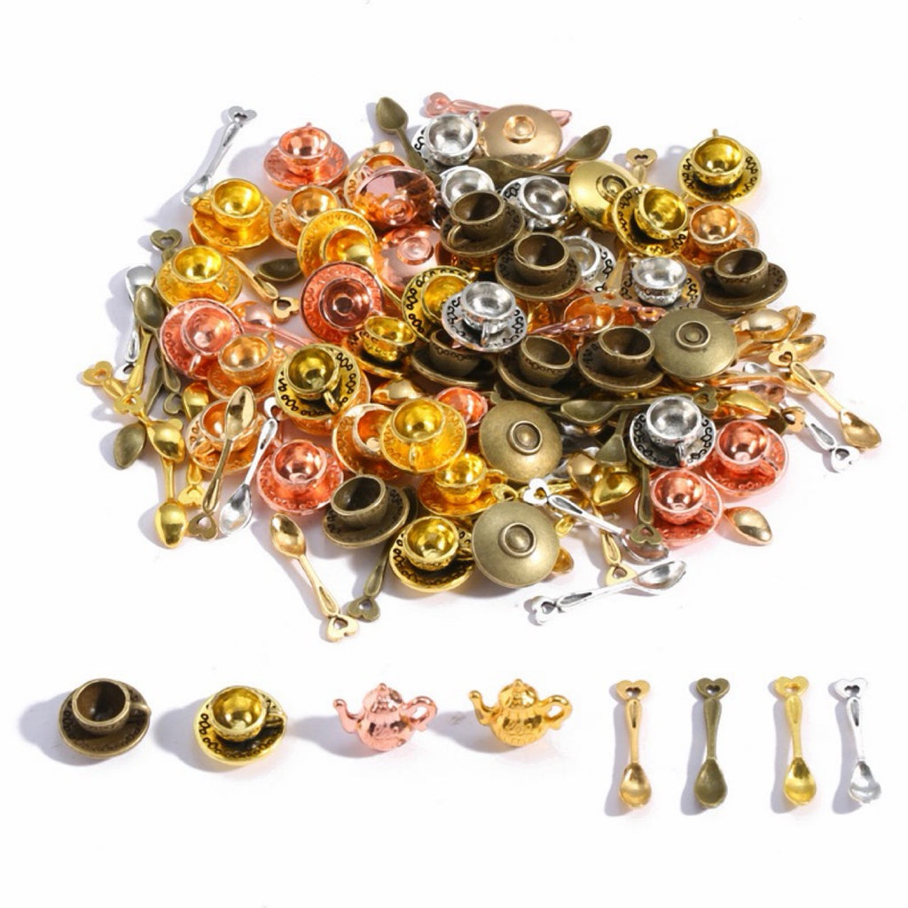 Mixed pile of mini teapot, coffee cup and spoon alloy charms