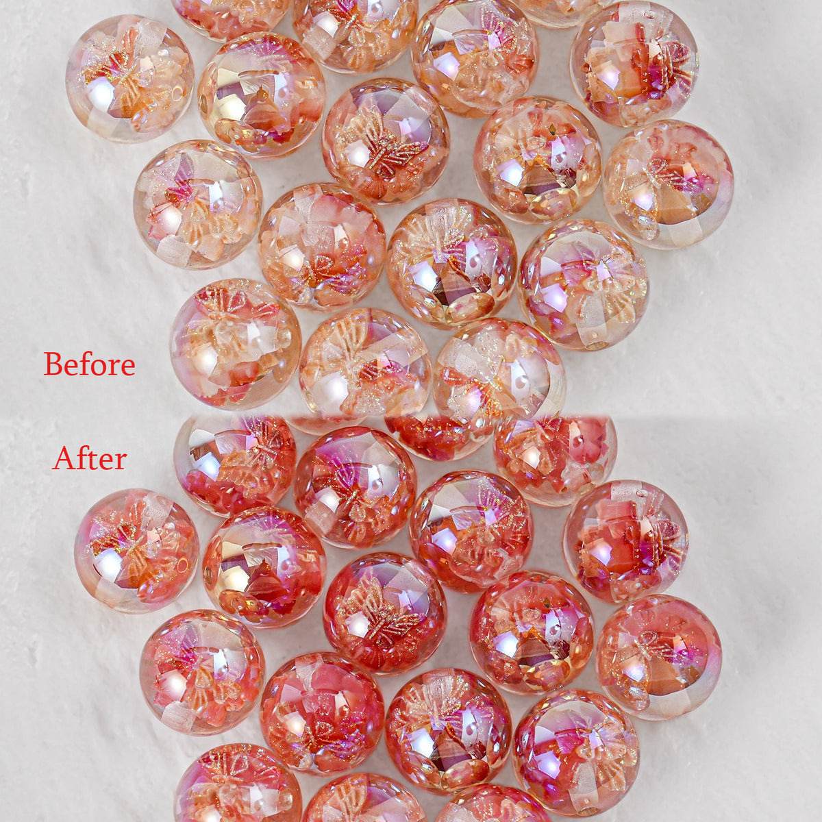 Before and After butterfly beads changing from clear with pink-orange inclusions to deep pink-red