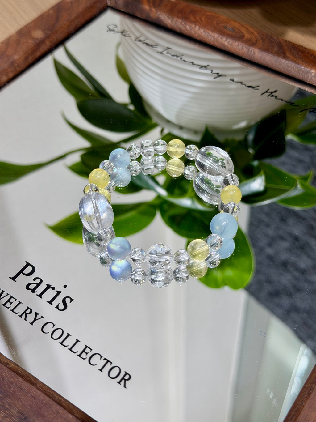 Sea frost bracelet with yellow fluorite and aquamarine on Thank You card