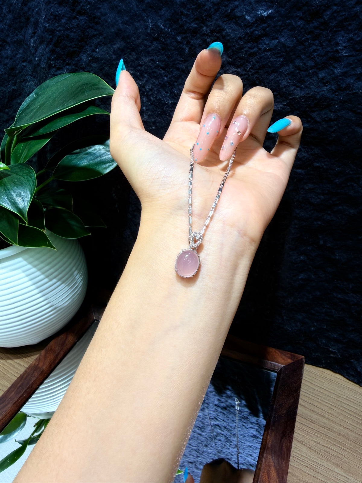 Pink Quartz Oval Pendant with Chain