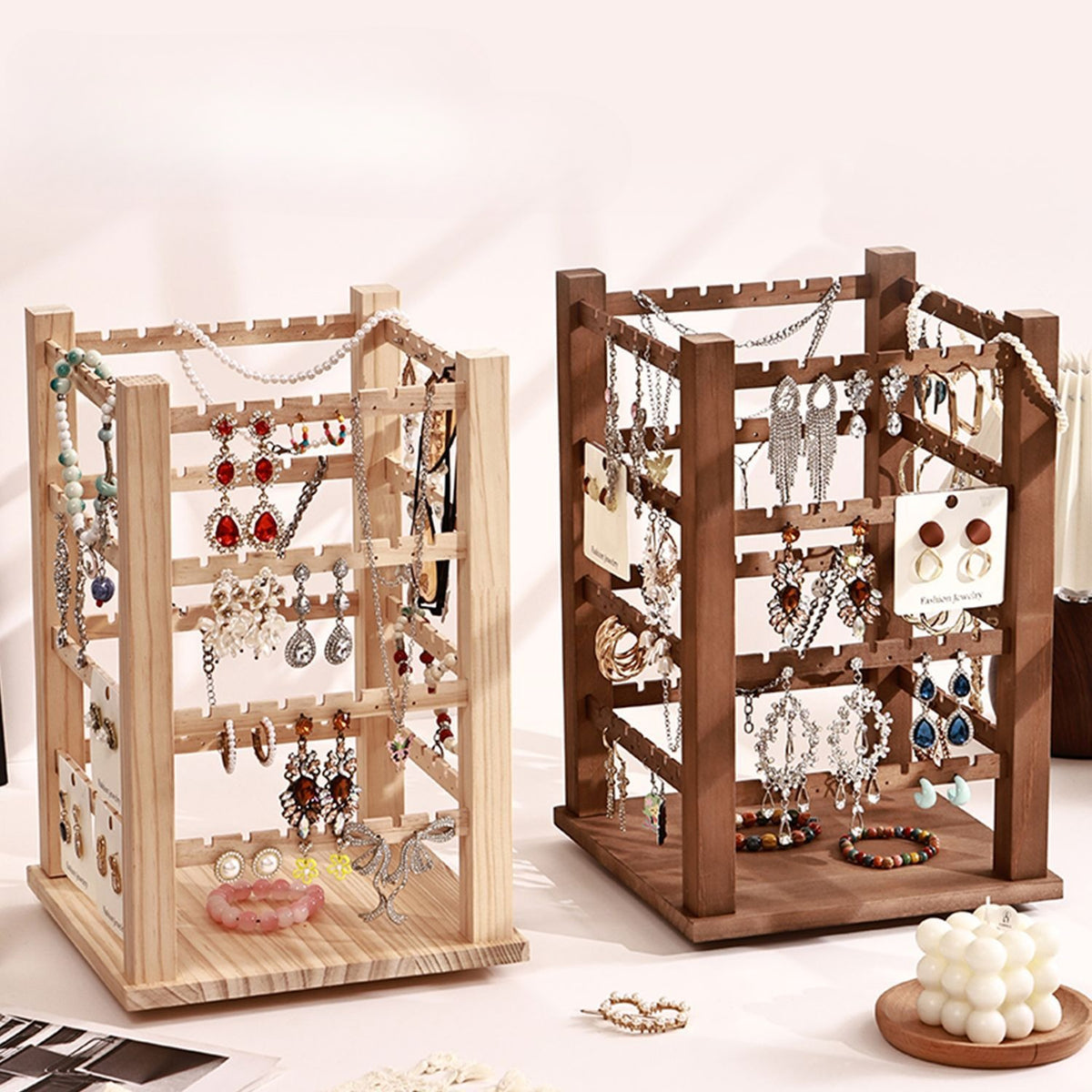 Vintage Walnut-Color Wooden Jewelry Display Rack – Four-Sided Multi-Tier Jewelry Organizer for Earrings, Bracelets & Retail Displays
