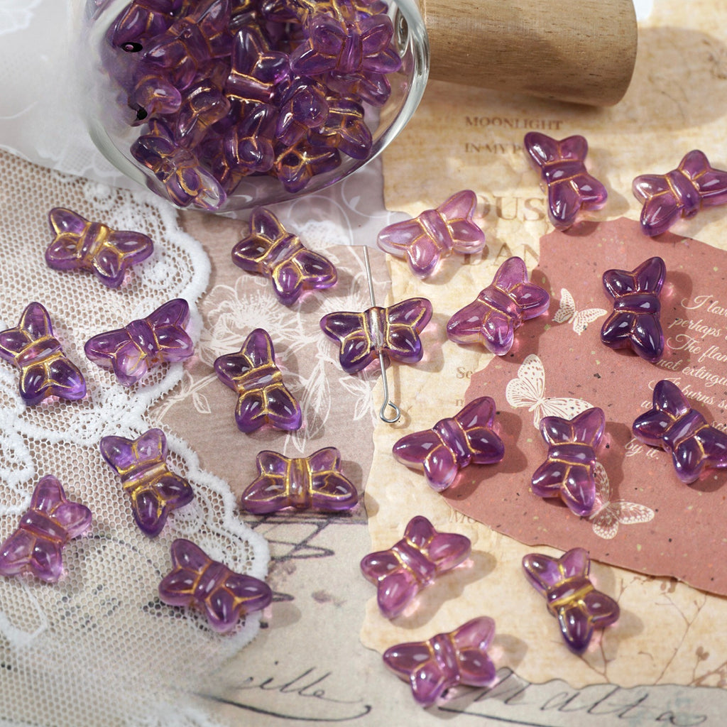 Purple 10x18mm vintage Czech-style glass butterfly beads with gold foil