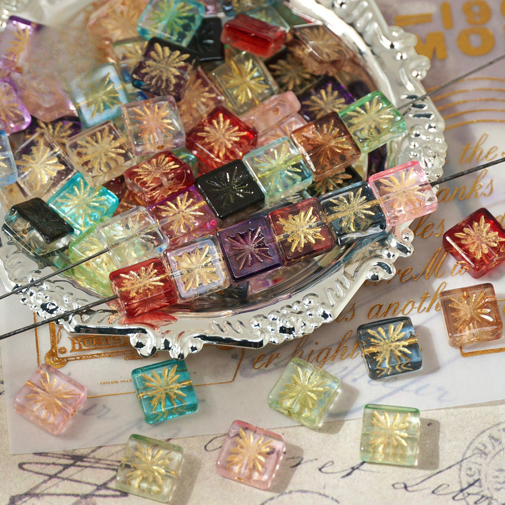 Czech-Style Firework Pattern Square Glass Beads