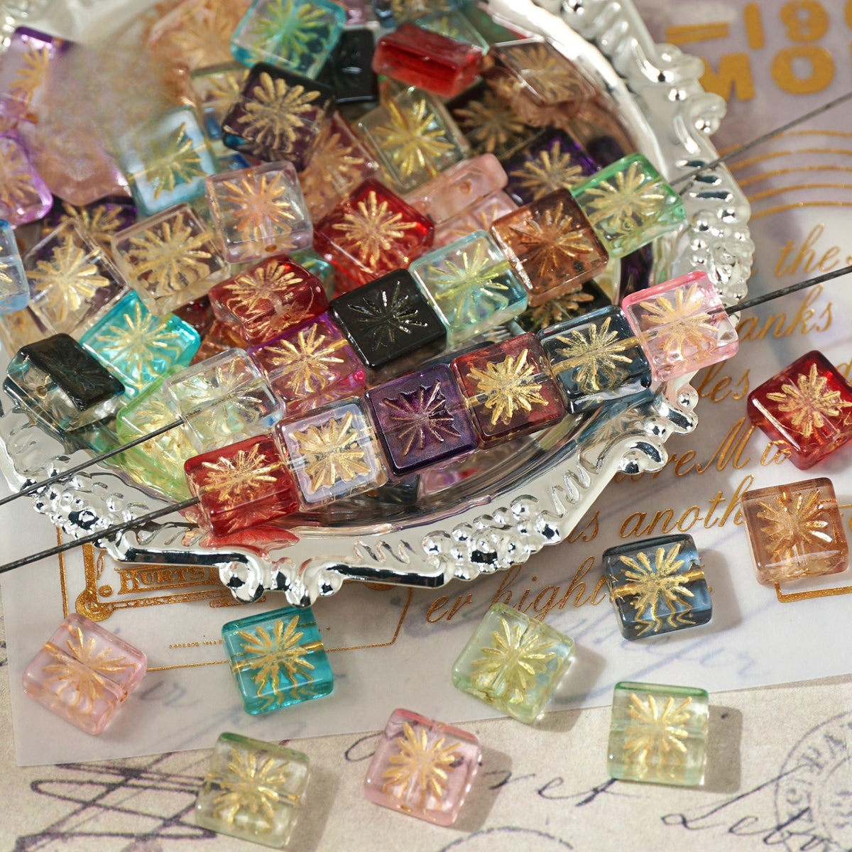Czech-Style Firework Pattern Square Glass Beads
