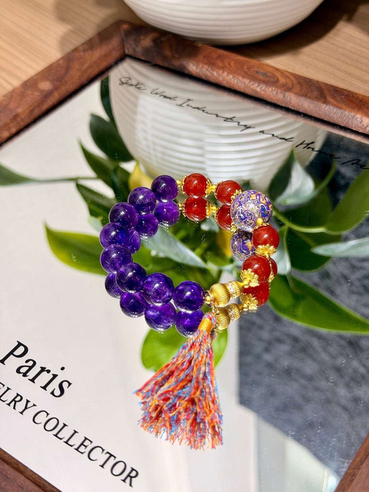 Amethyst & Red Agate Bracelet on mirror tray