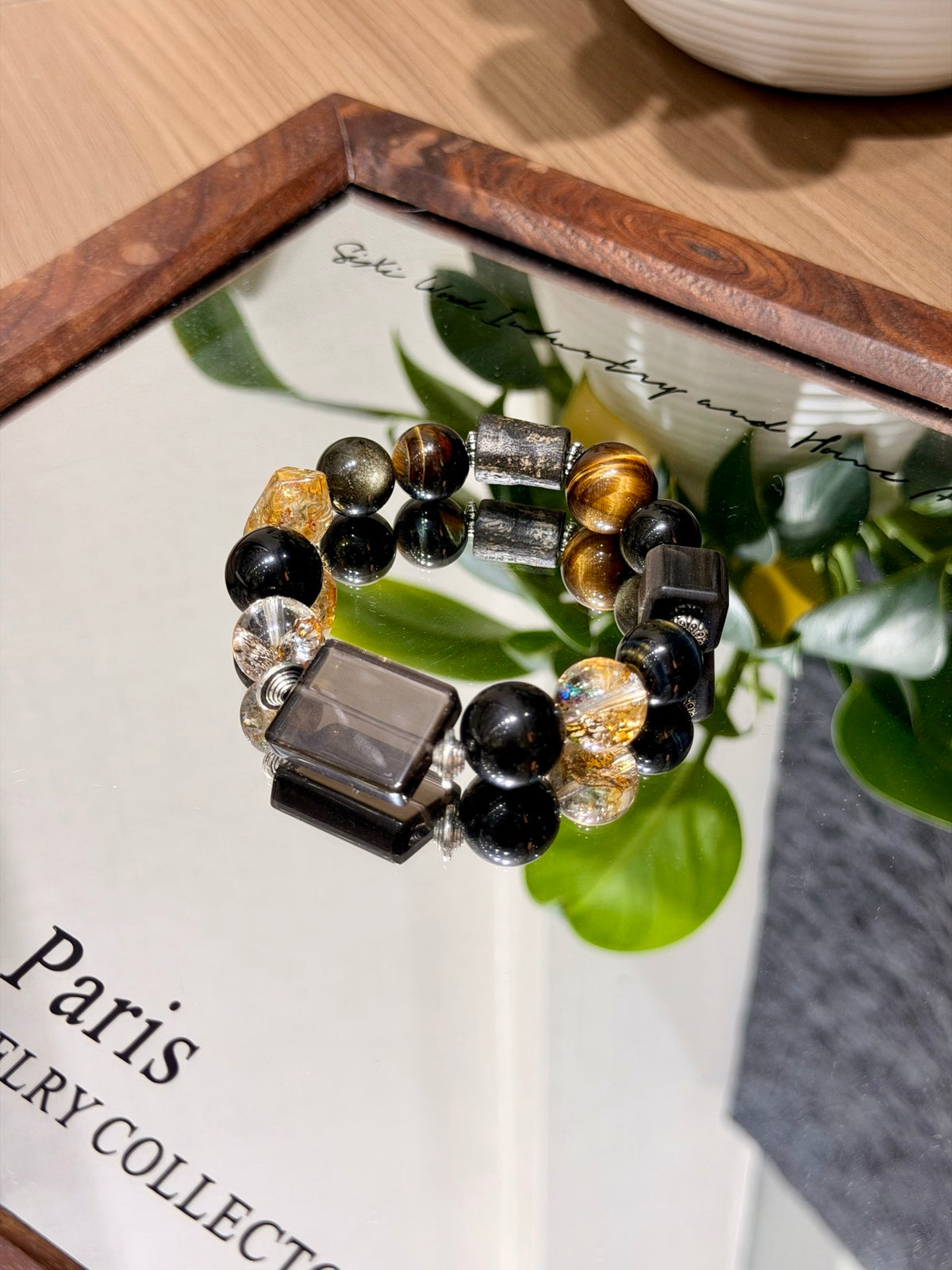 Gold Obsidian & Tiger's Eye Bracelet on mirror tray