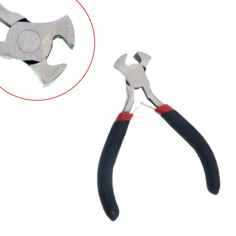 Metal wire cutters with black and red handles on white, with circular close-up inset of the cutting head