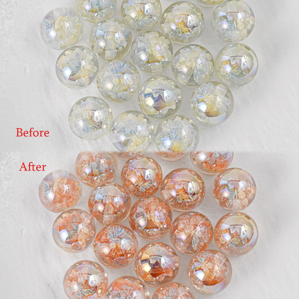Before and After butterfly beads changing from clear iridescent to peach-orange