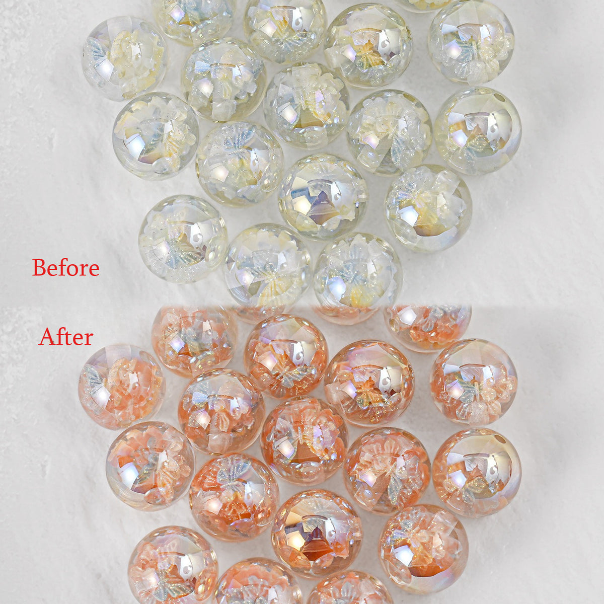 Before and After butterfly beads changing from clear iridescent to peach-orange