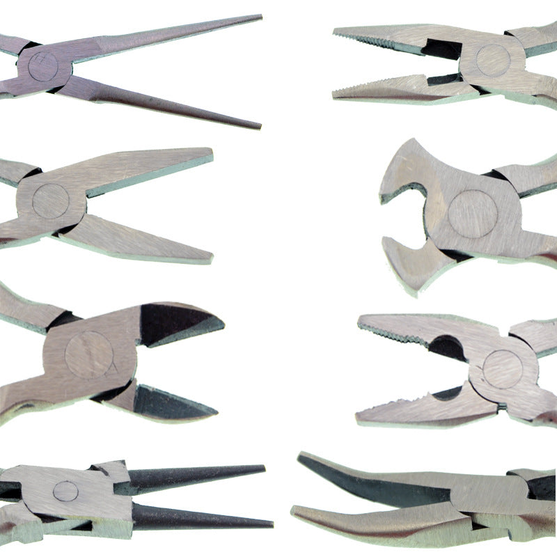 Collage of metal plier heads including needle-nose, flat-nose and cutters on white background