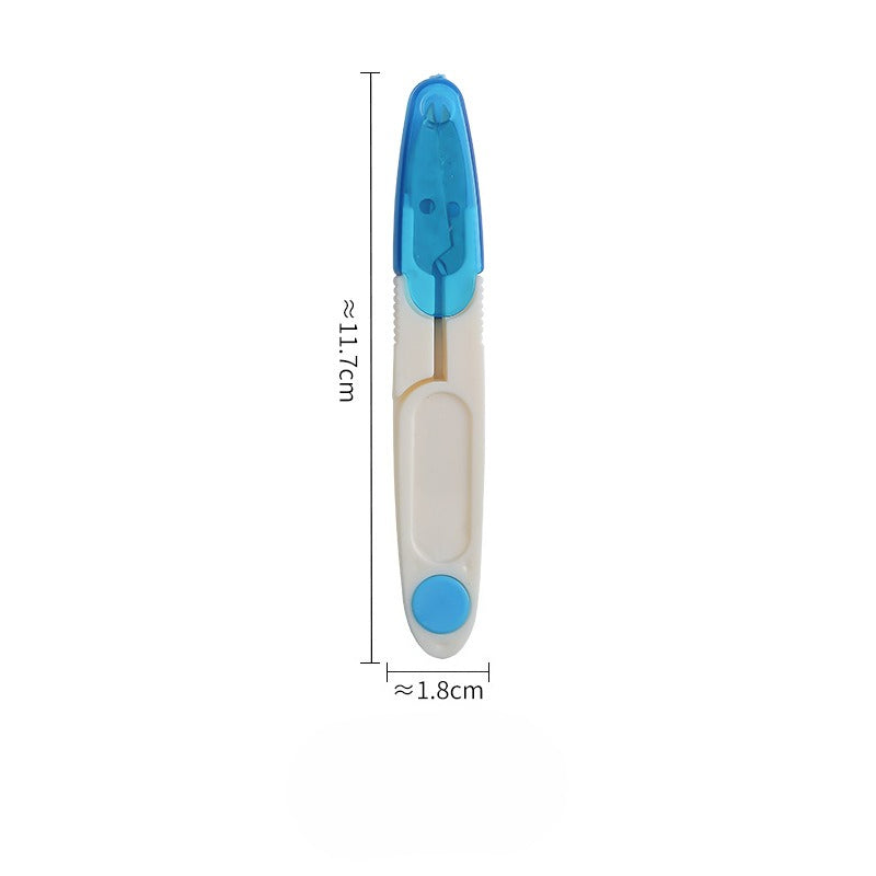 Blue and white spring-loaded thread snip with translucent blue cap, shown with dimension lines