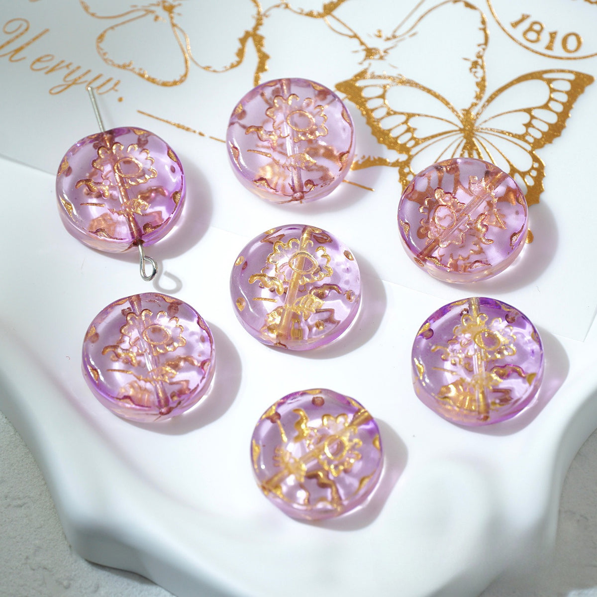 Taro purple 18mm gold-painted Czech-style glass sunflower beads