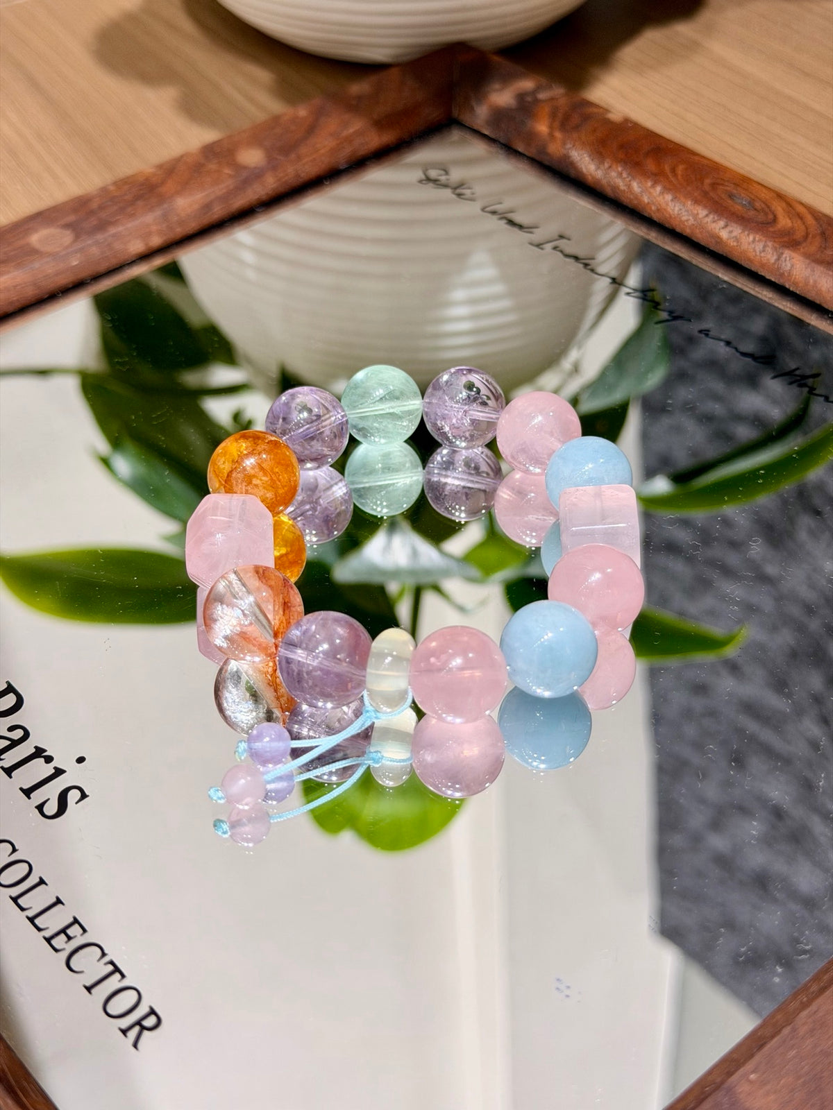Spring Candy Jar candy bracelet with pastel crystal beads reflected in mirror