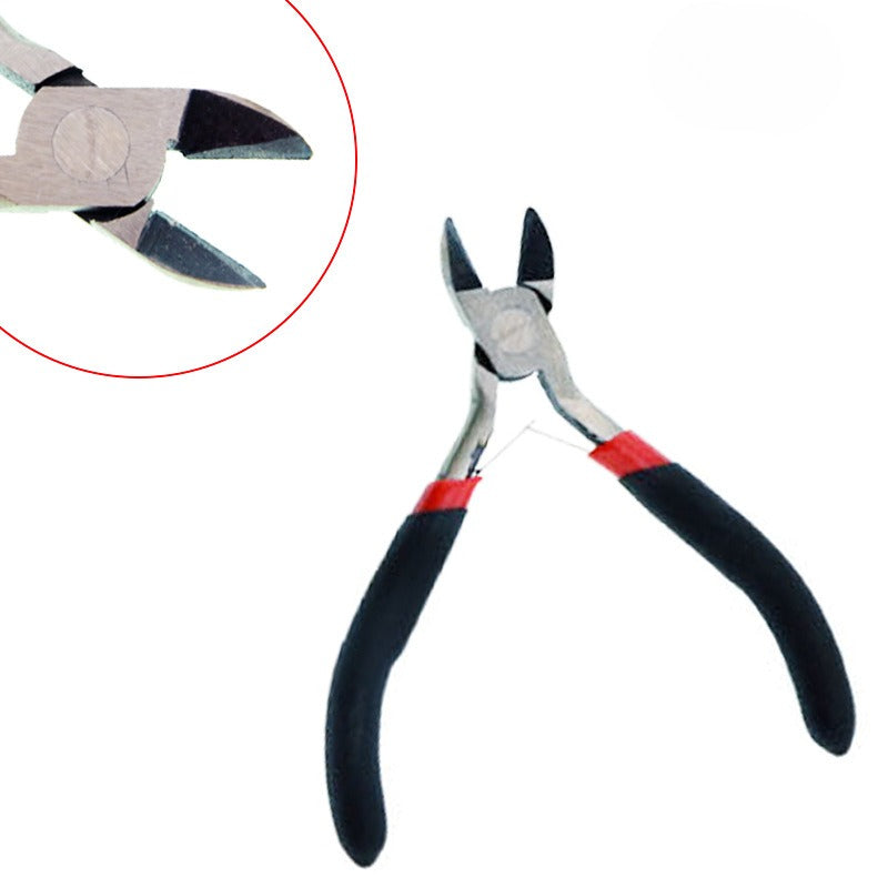 Wire cutting pliers with black and red handles on white, with circular inset of the metal tips