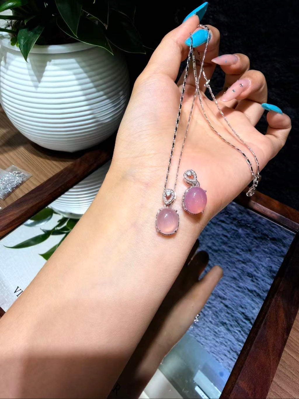 Pink Quartz Oval Pendant with Chain