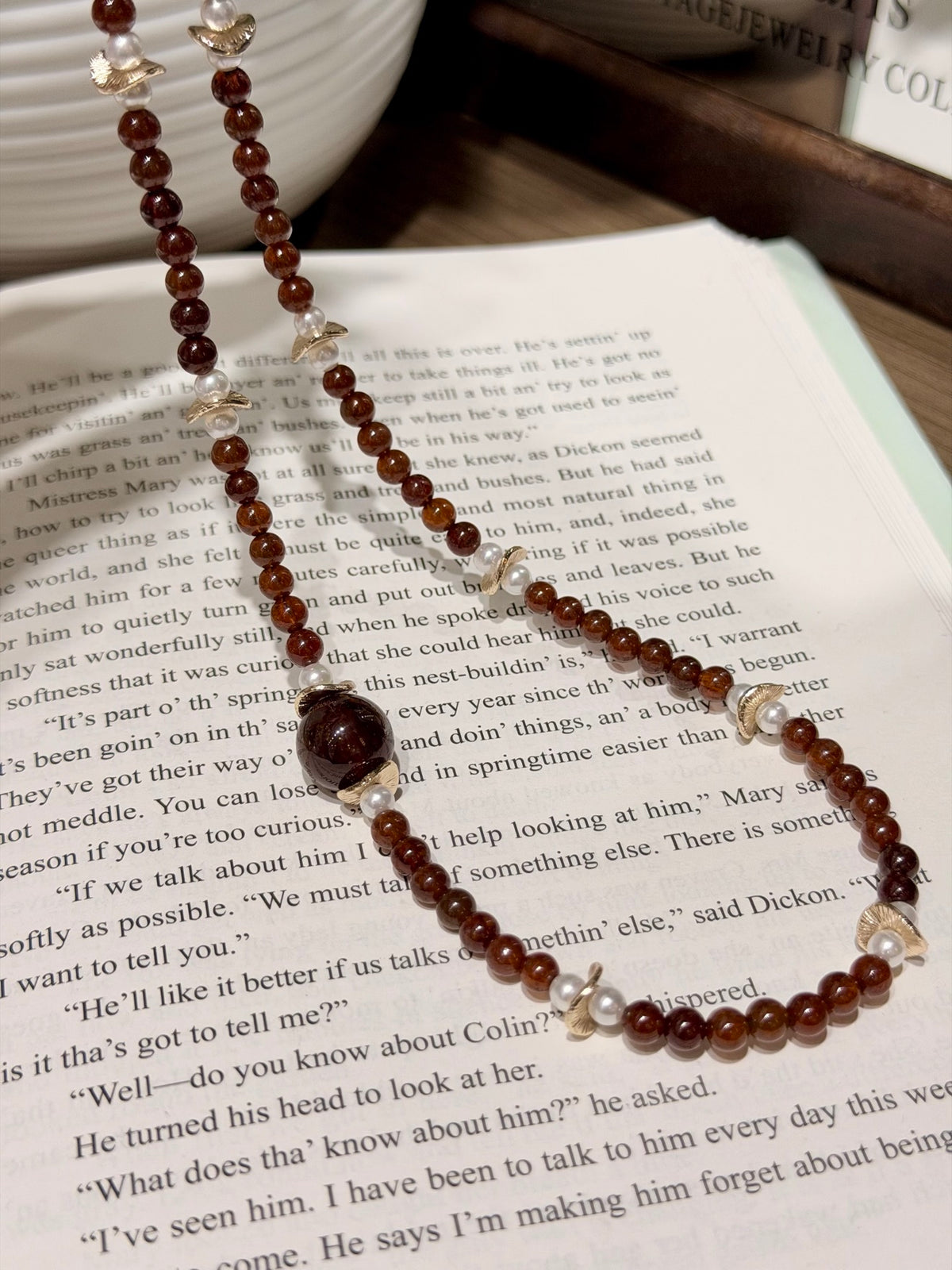 Garnet & Shell Beaded Necklace with Toggle Clasp