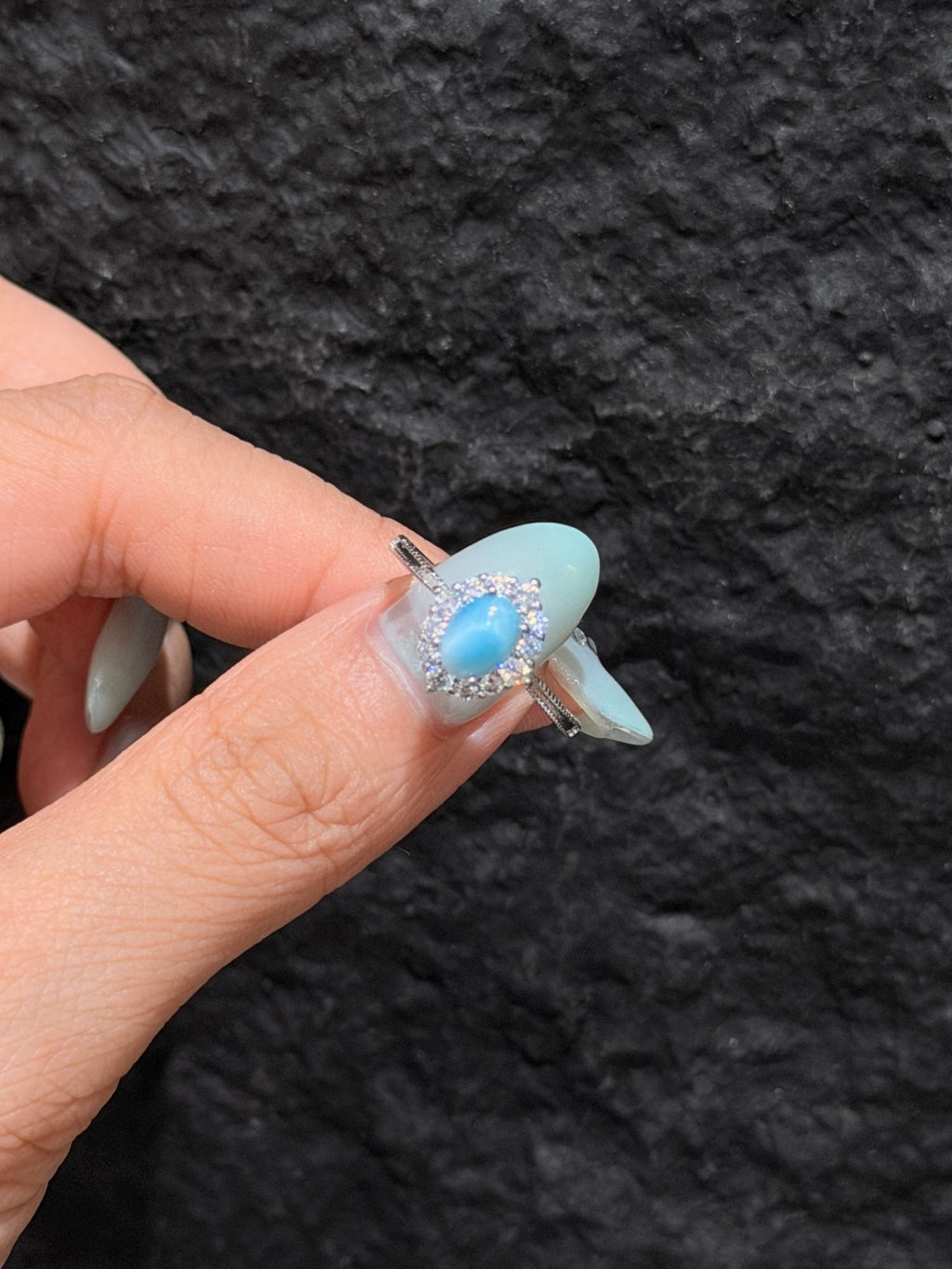 Natural Larimar Adjustable Oval Halo Ring