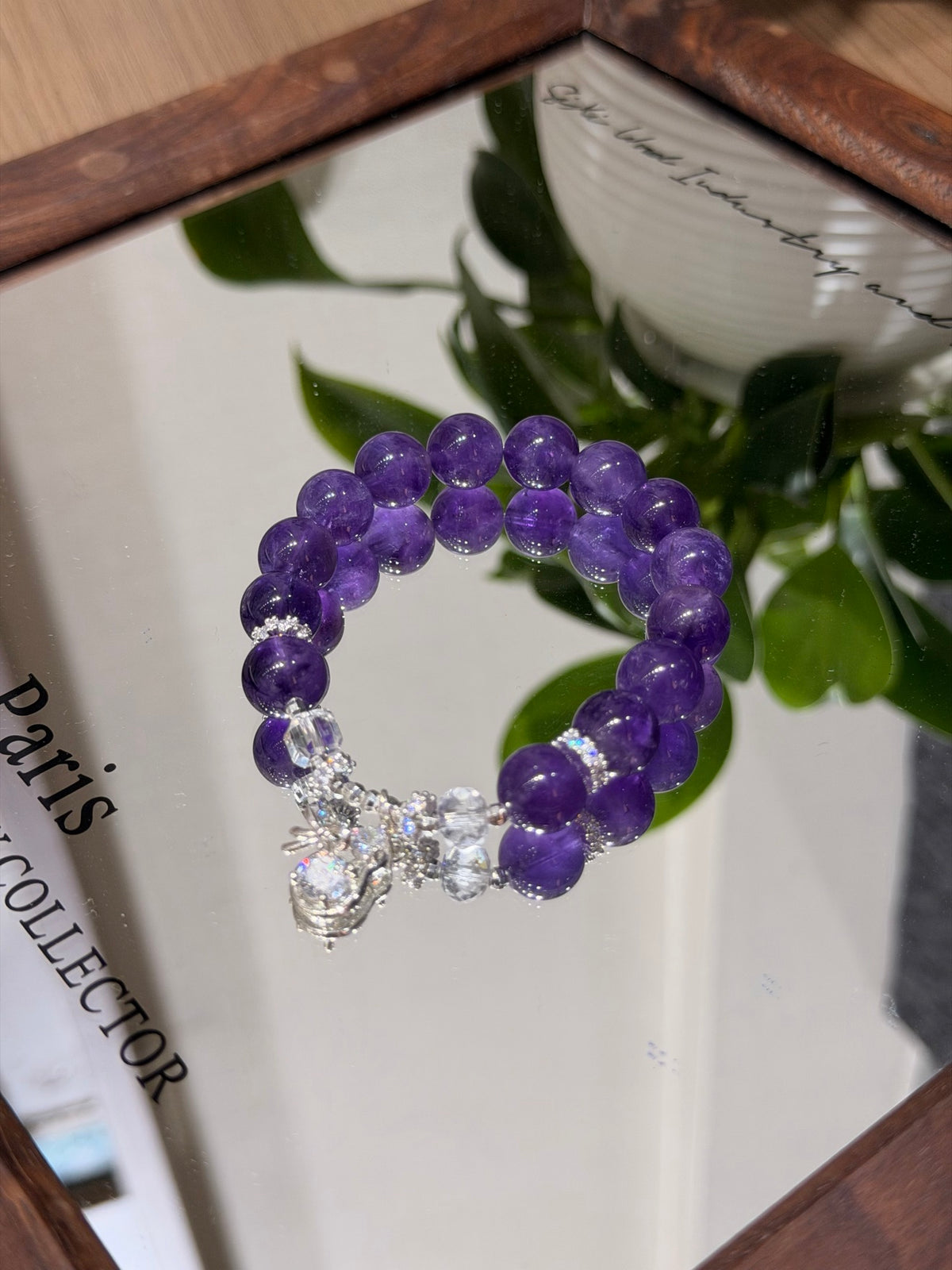 Deep purple amethyst double bracelet on mirror tray