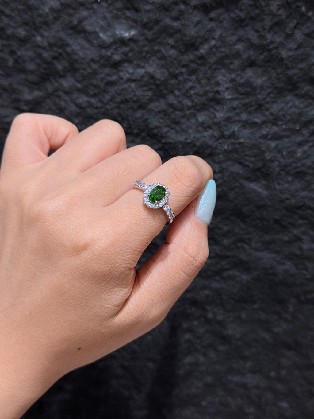 Natural Diopside Adjustable Oval Halo Ring