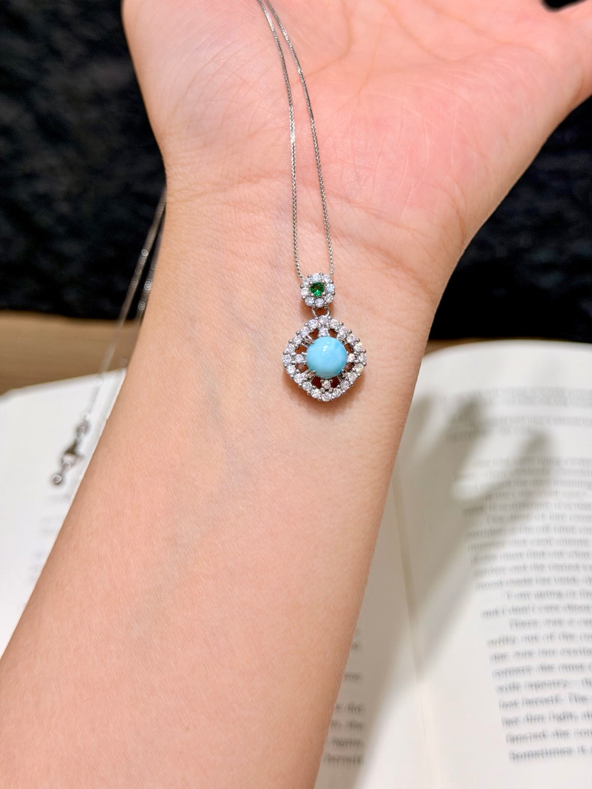 Natural Larimar Round Halo Pendant with Chain