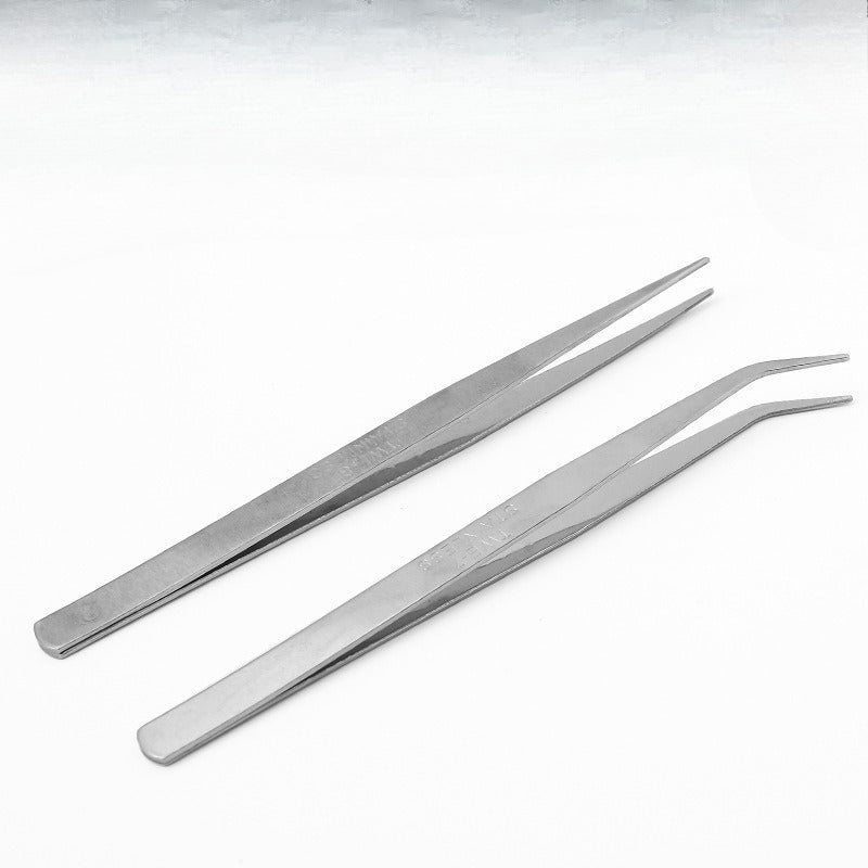 Straight and curved stainless steel precision tweezers displayed diagonally