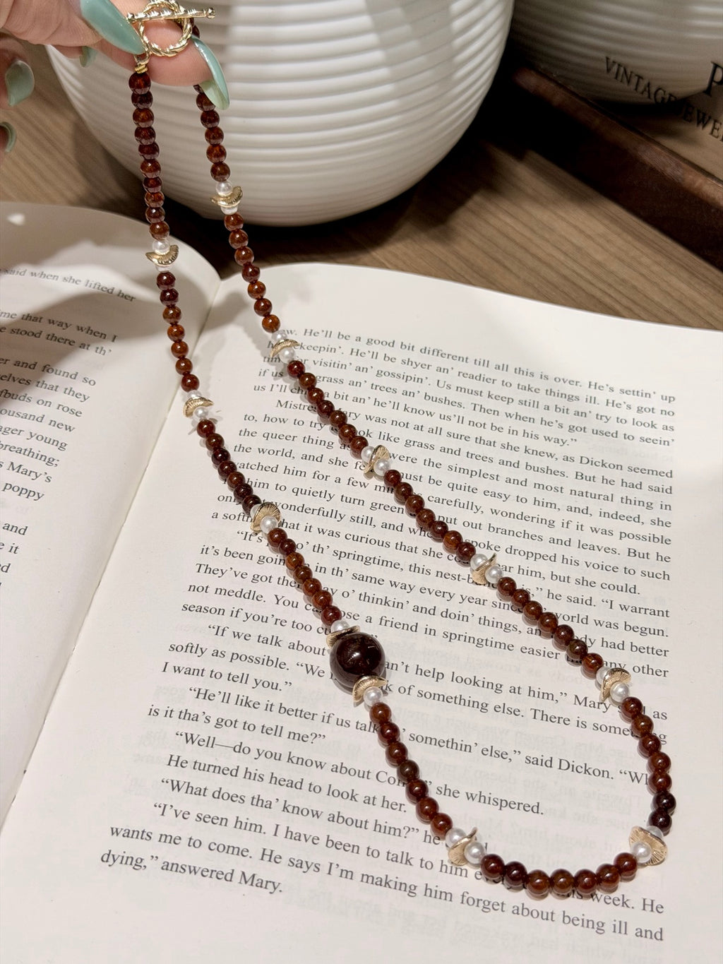 Garnet & Shell Beaded Necklace with Toggle Clasp