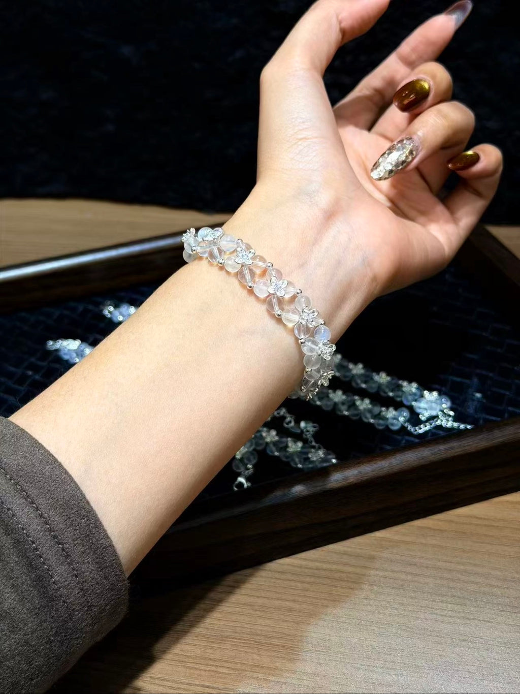 Blue Moonstone Woven Bracelet in wooden tray