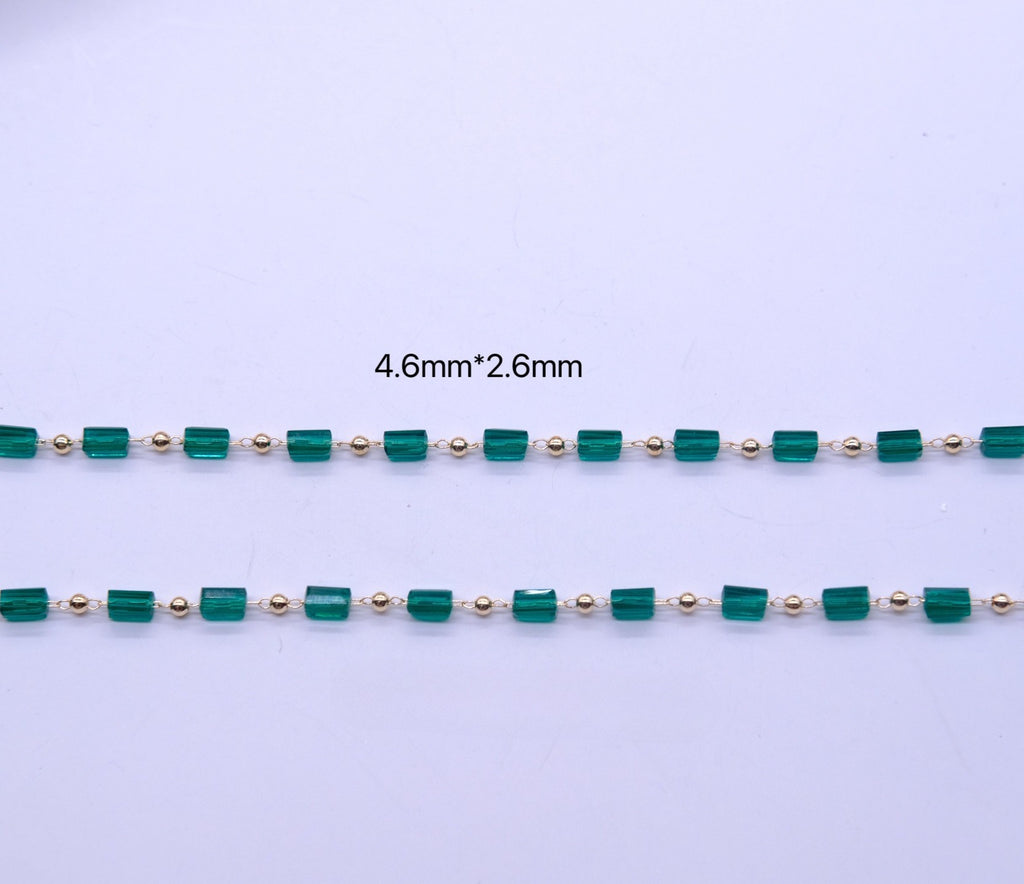 Two strands of small green faceted rectangular beads separated by tiny gold round beads, shown on a plain light background with the text '4.6mm*2.