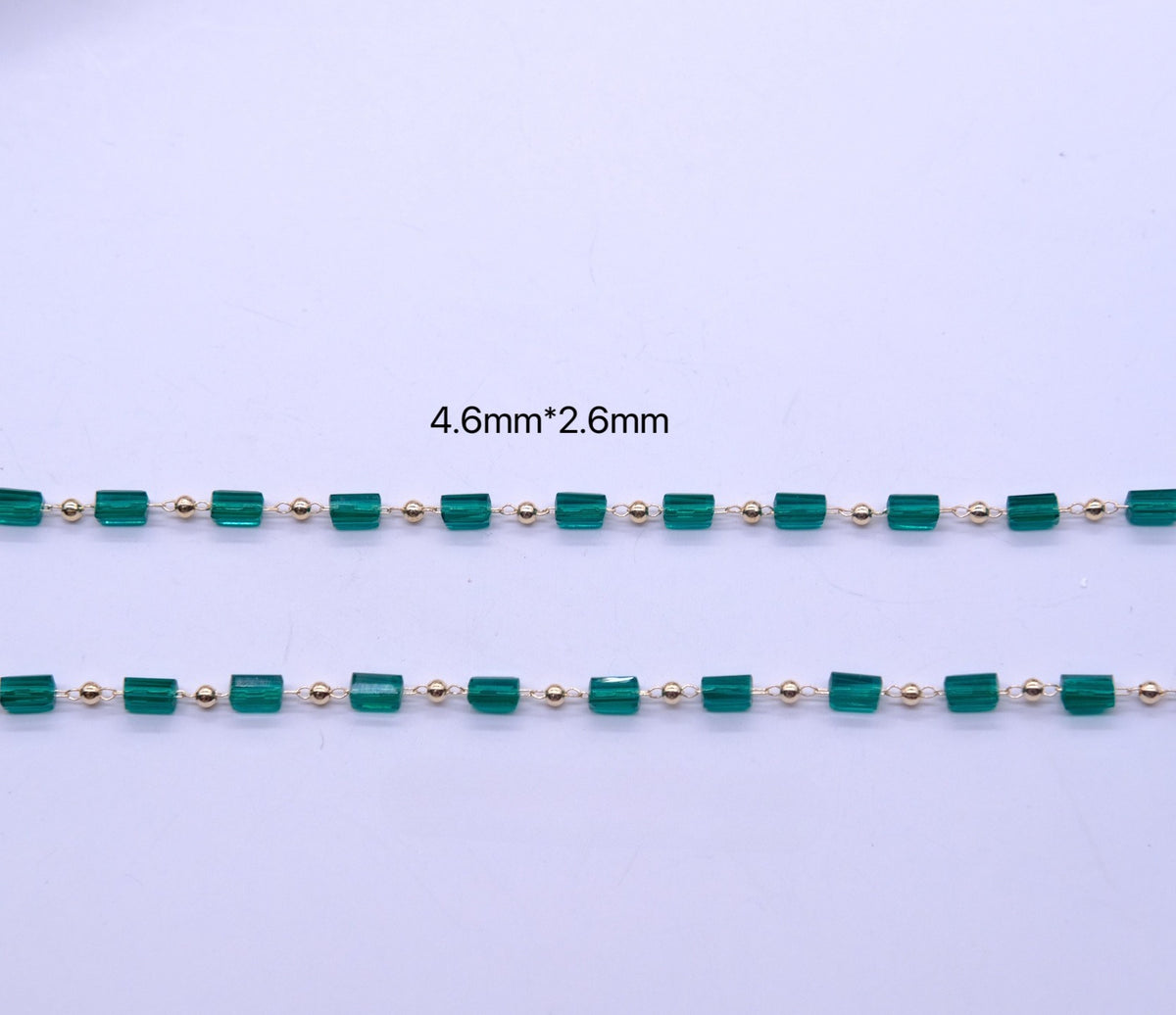 Two strands of small green faceted rectangular beads separated by tiny gold round beads, shown on a plain light background with the text '4.6mm*2.