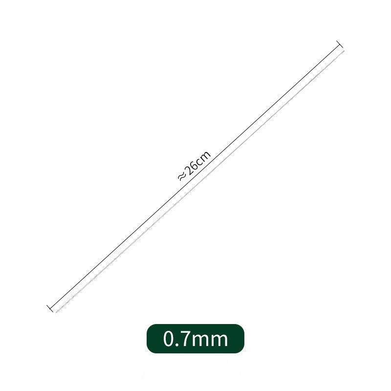 Dimension diagram of a hook needle: diagonal line labeled approximately 26 cm with a 0.7 mm label.
