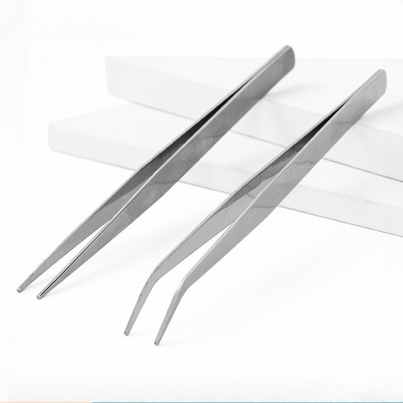 Stainless steel precision tweezers with curved tips on white background