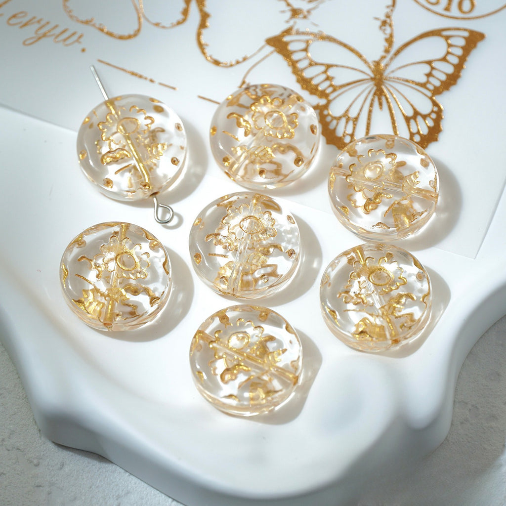 Transparent white 18mm gold-painted Czech-style glass sunflower beads