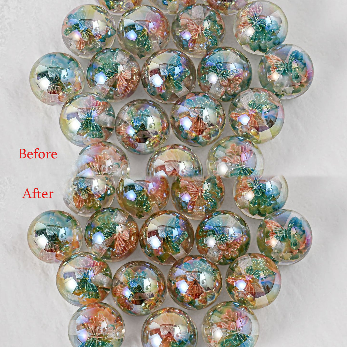 Close-up of iridescent butterfly beads labeled Before and After on white