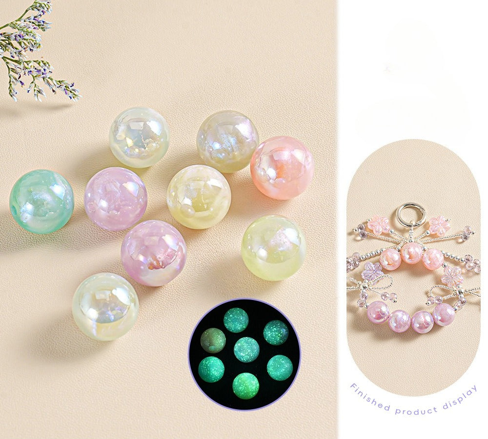 Nine iridescent round beads in pastel mint, pink, peach, yellow, lavender