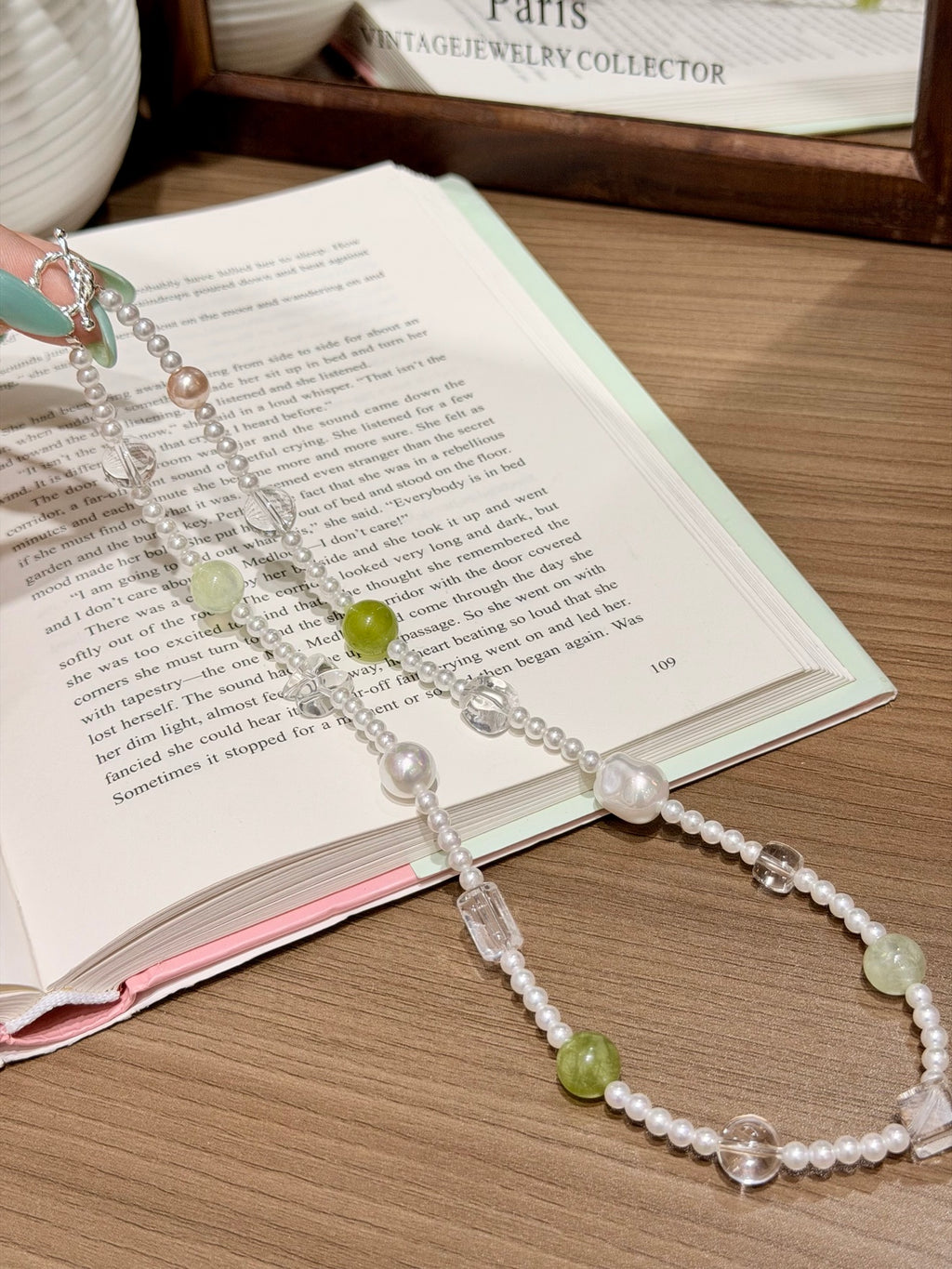 Prehnite, White Quartz & Shell Beaded Necklace