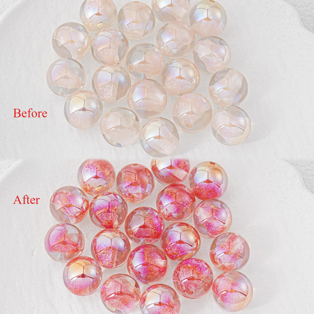 Before-and-after of round resin beads; the 'Before' image shows clear iridescent beads with a single crack line.