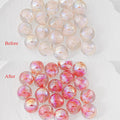 Before-and-after of round resin beads; the 'Before' image shows clear iridescent beads with a single crack line.