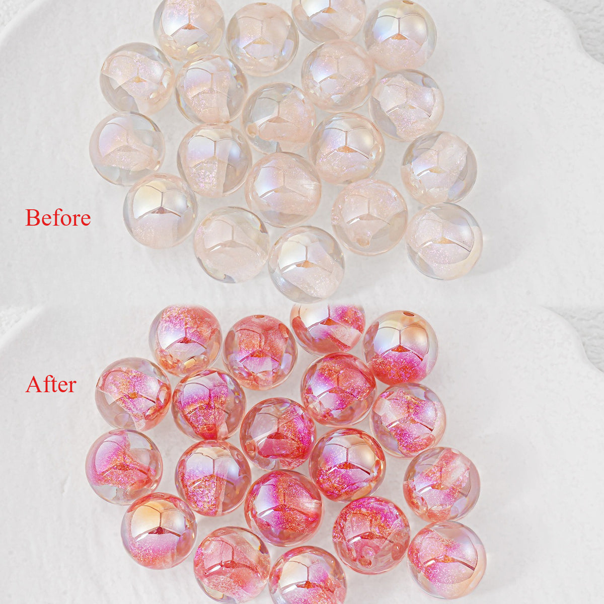 Before-and-after of round resin beads; the 'Before' image shows clear iridescent beads with a single crack line.