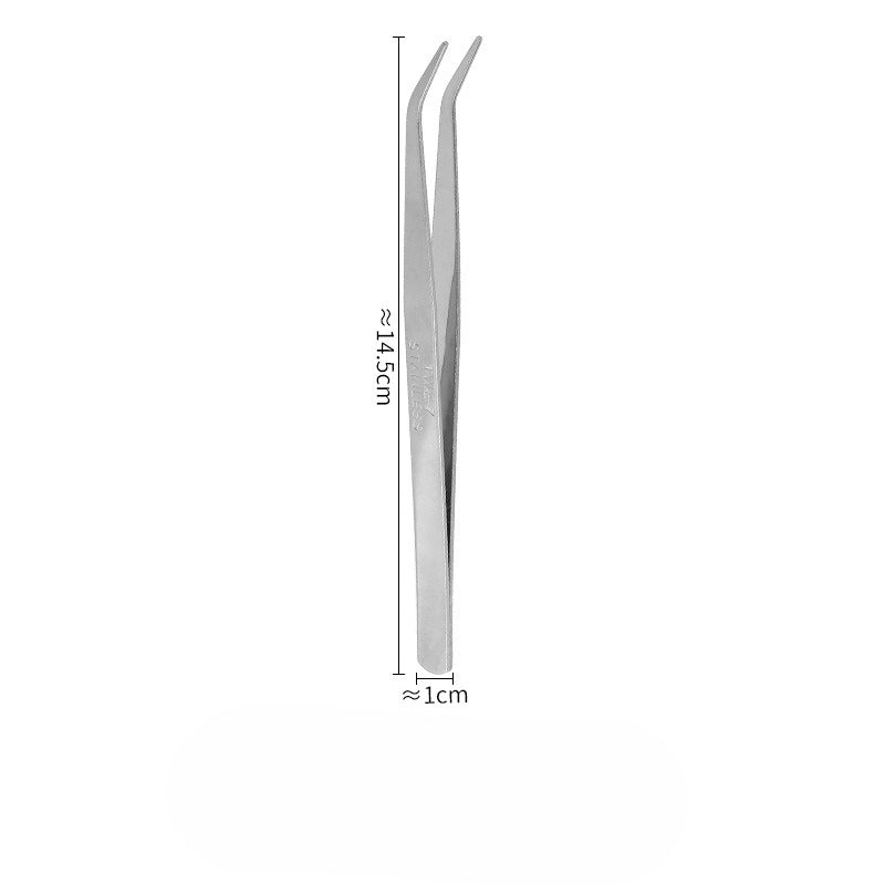Curved-tip stainless steel precision tweezers with dimension lines on white background