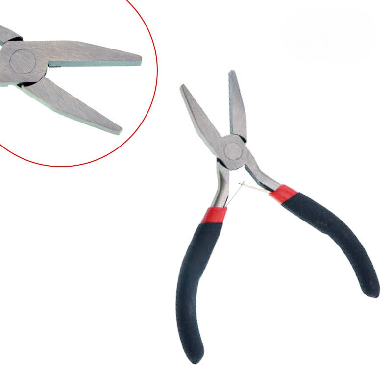 Flat-nose pliers with black and red handles on white, with circular close-up inset of the jaws