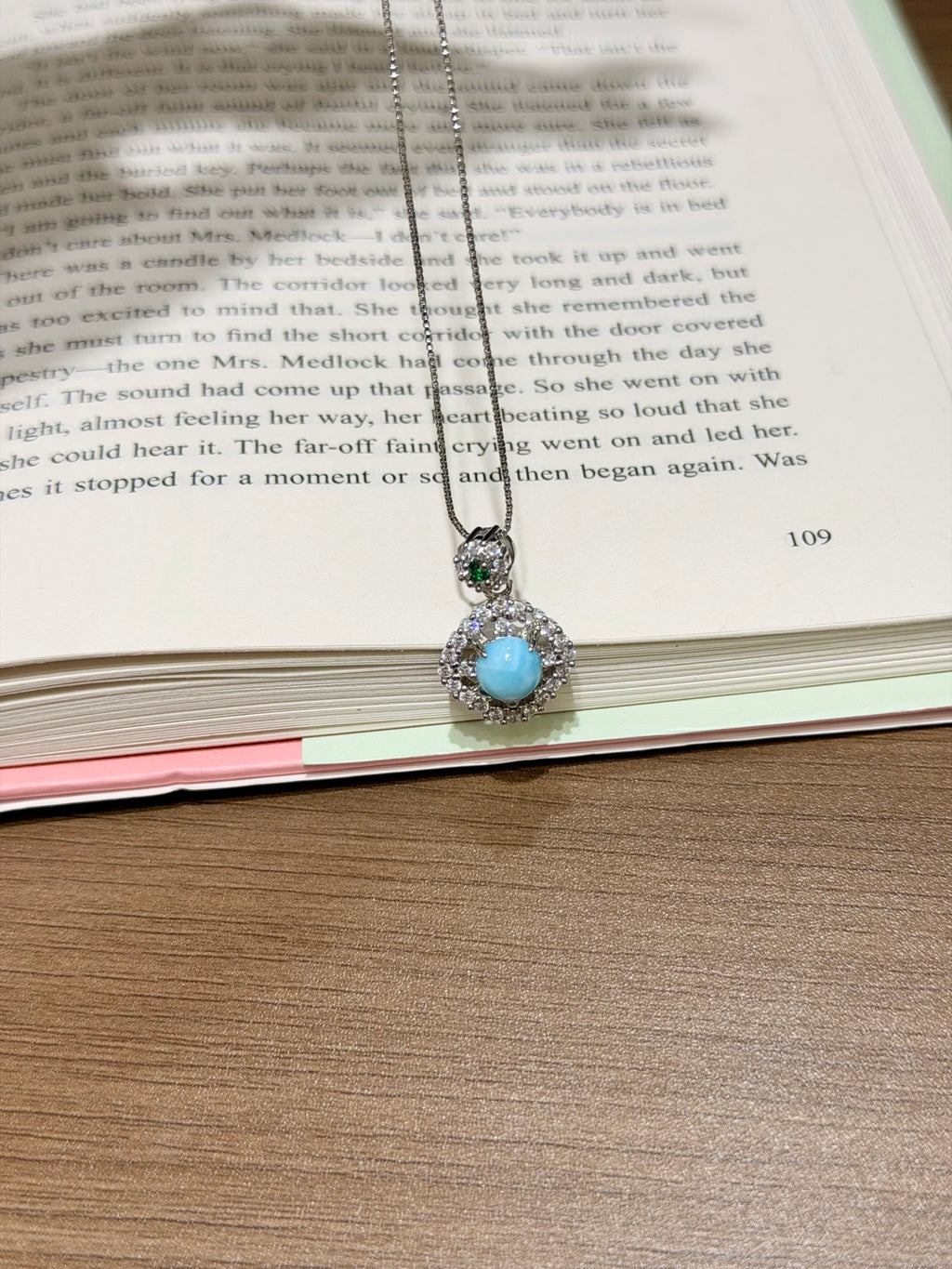 Natural Larimar Round Halo Pendant with Chain