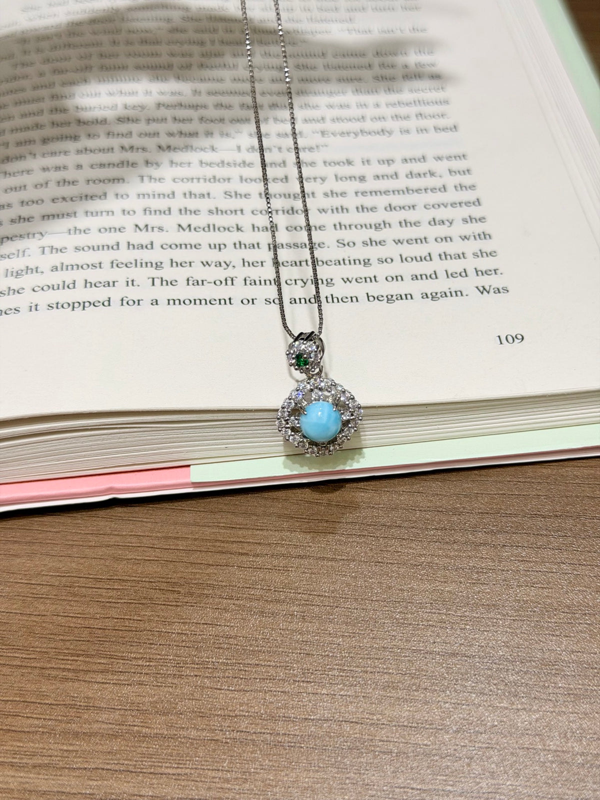 Natural Larimar Round Halo Pendant with Chain