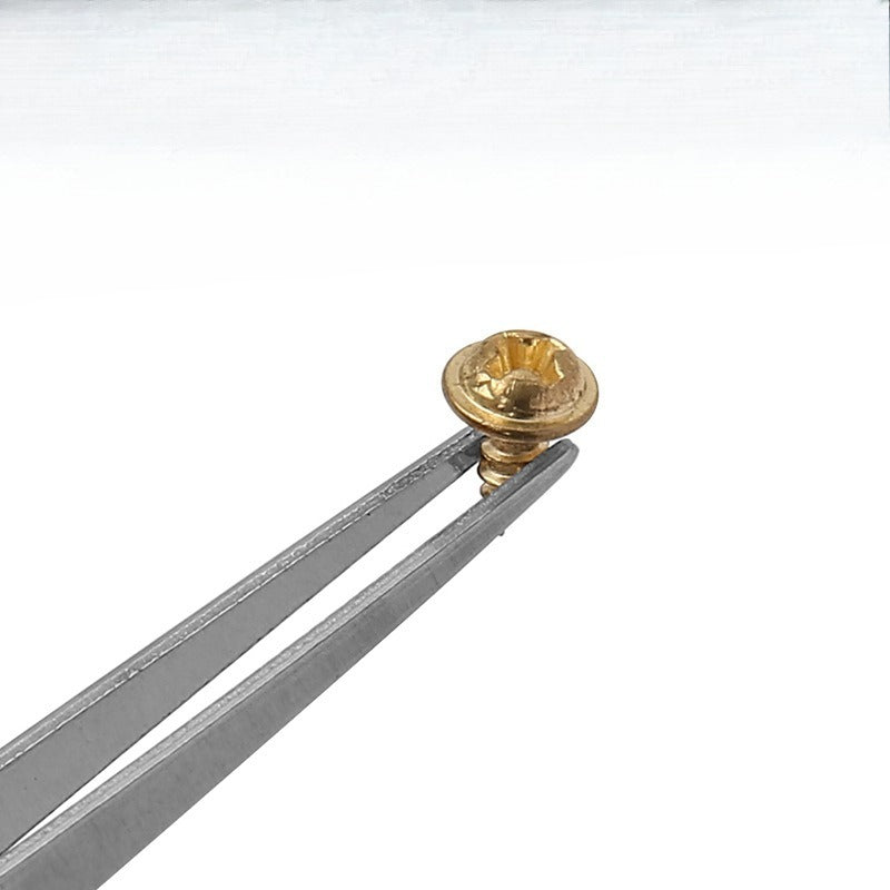Stainless steel precision tweezers gripping a small gold-colored screw
