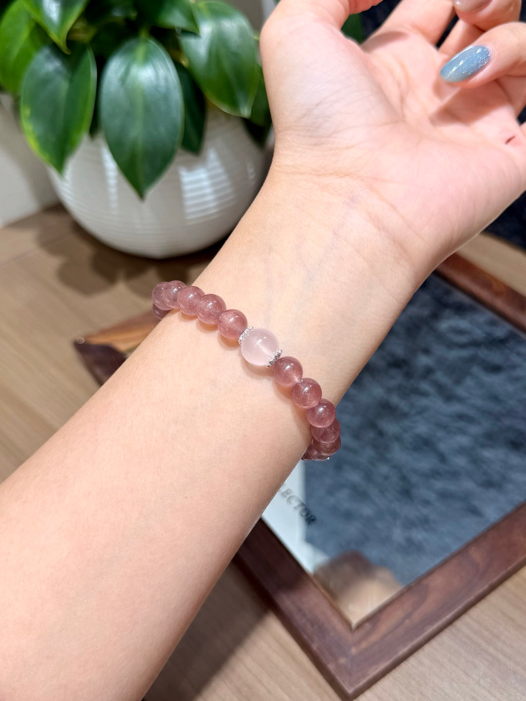 Strawberry Quartz & Pink Quartz Bracelet worn on wrist