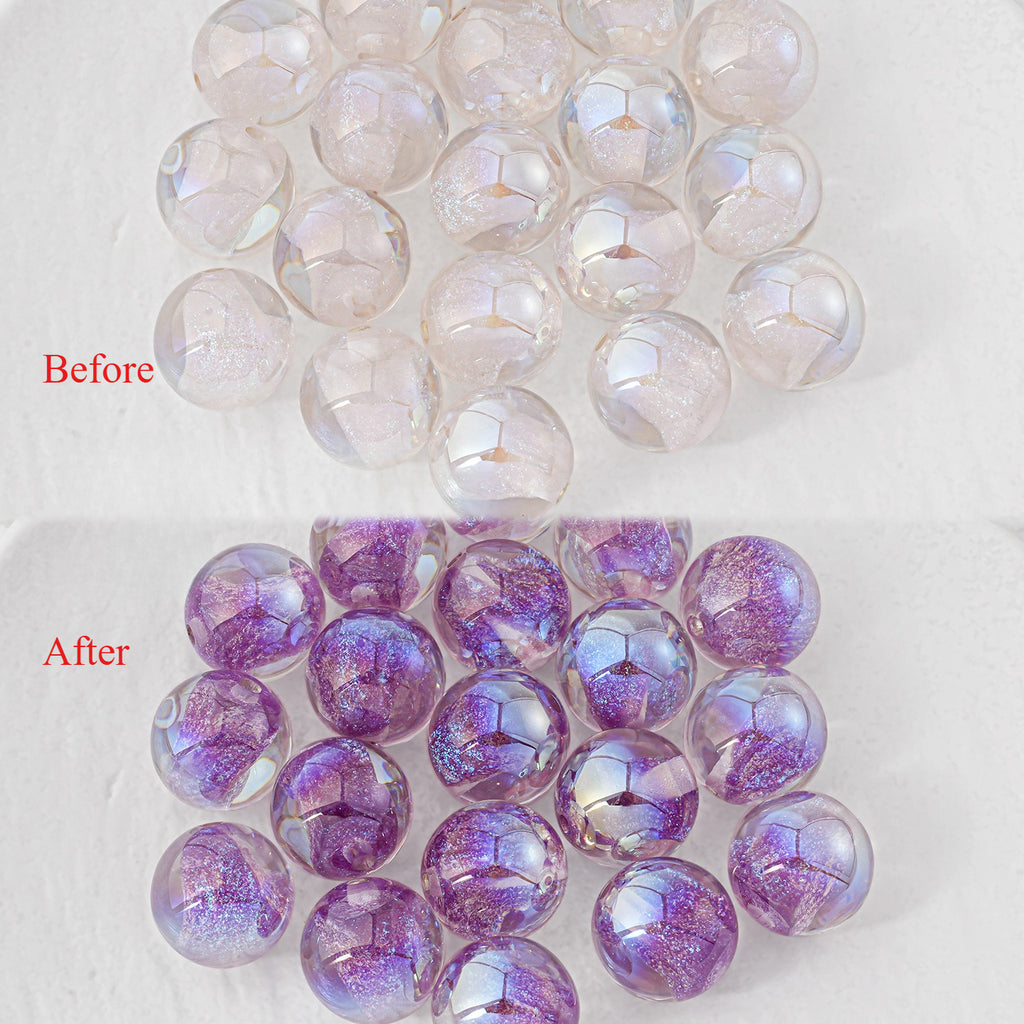 Two piles of iridescent resin beads on white, 'Before' and 'After': clear beads and beads filled with purple glitter.