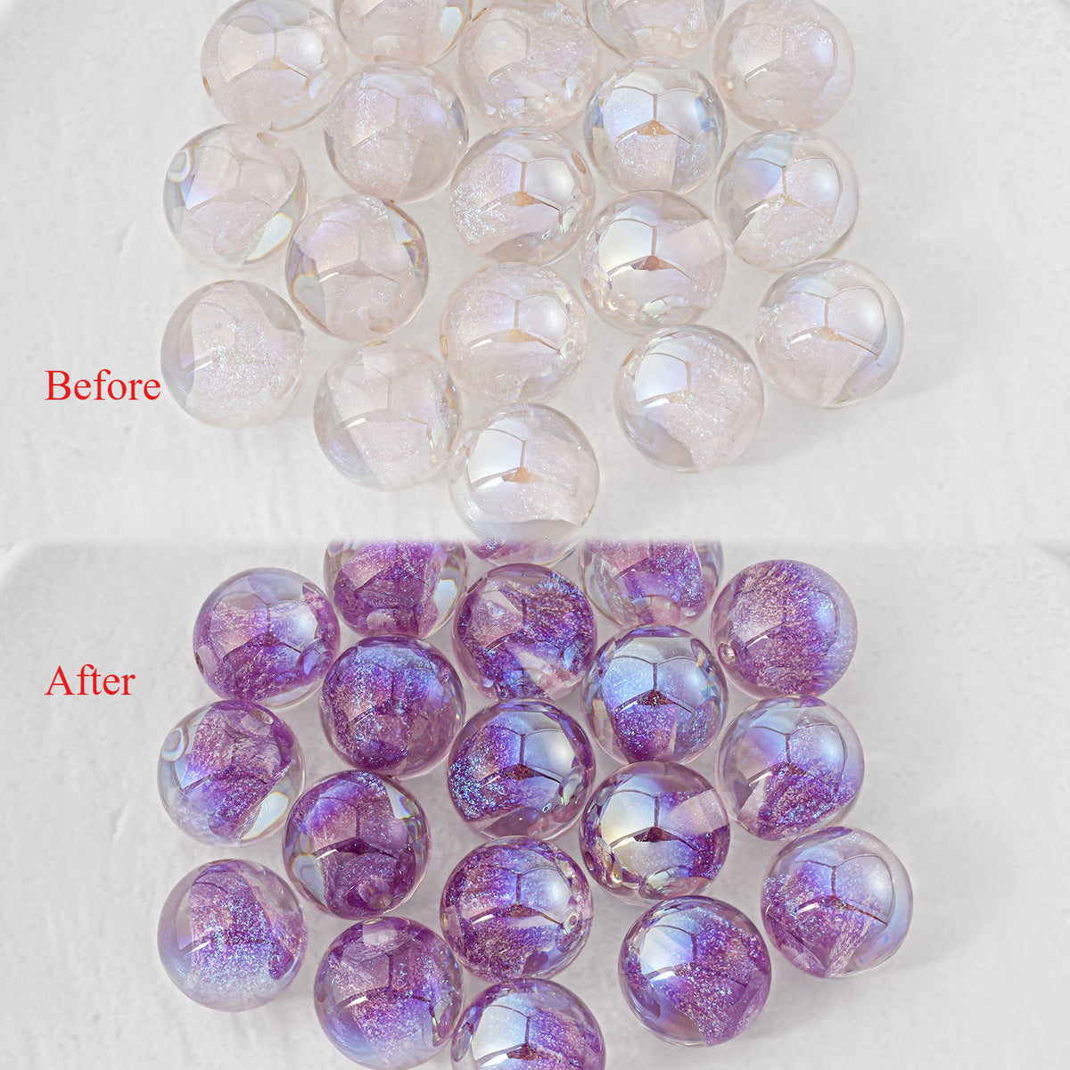 Two piles of iridescent resin beads on white, 'Before' and 'After': clear beads and beads filled with purple glitter.