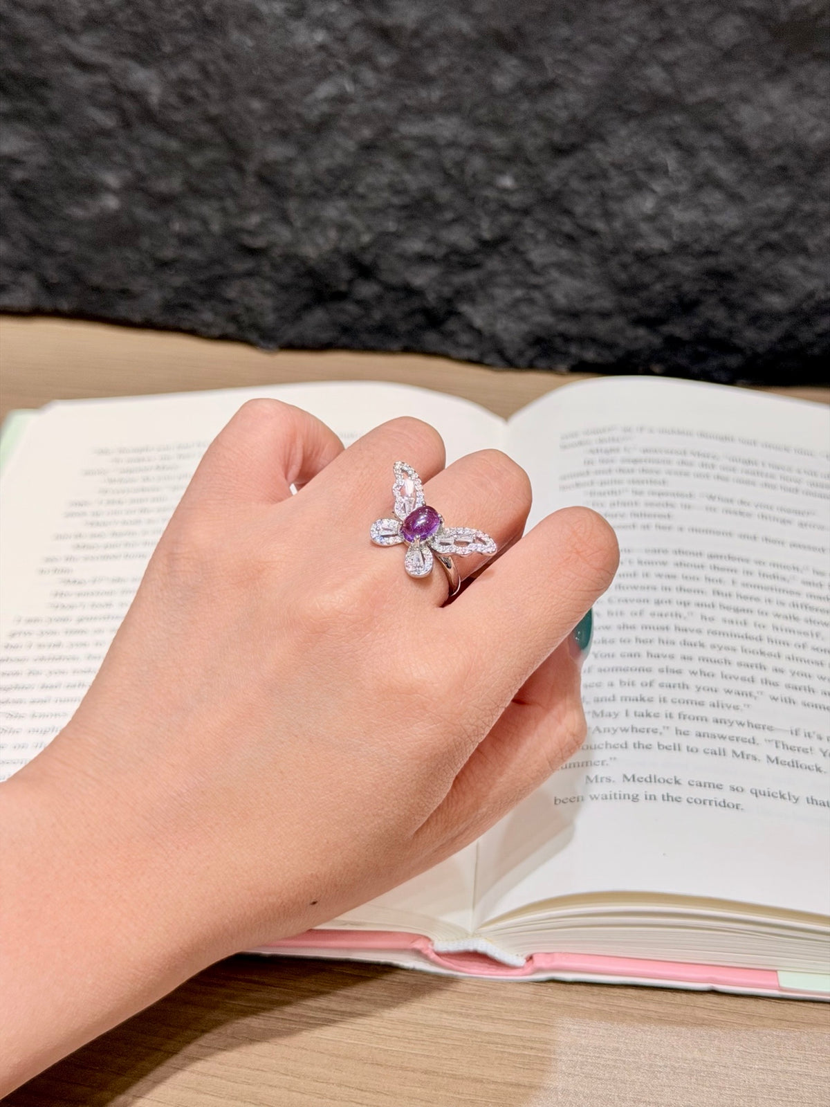 Natural Amethyst Adjustable Butterfly Ring