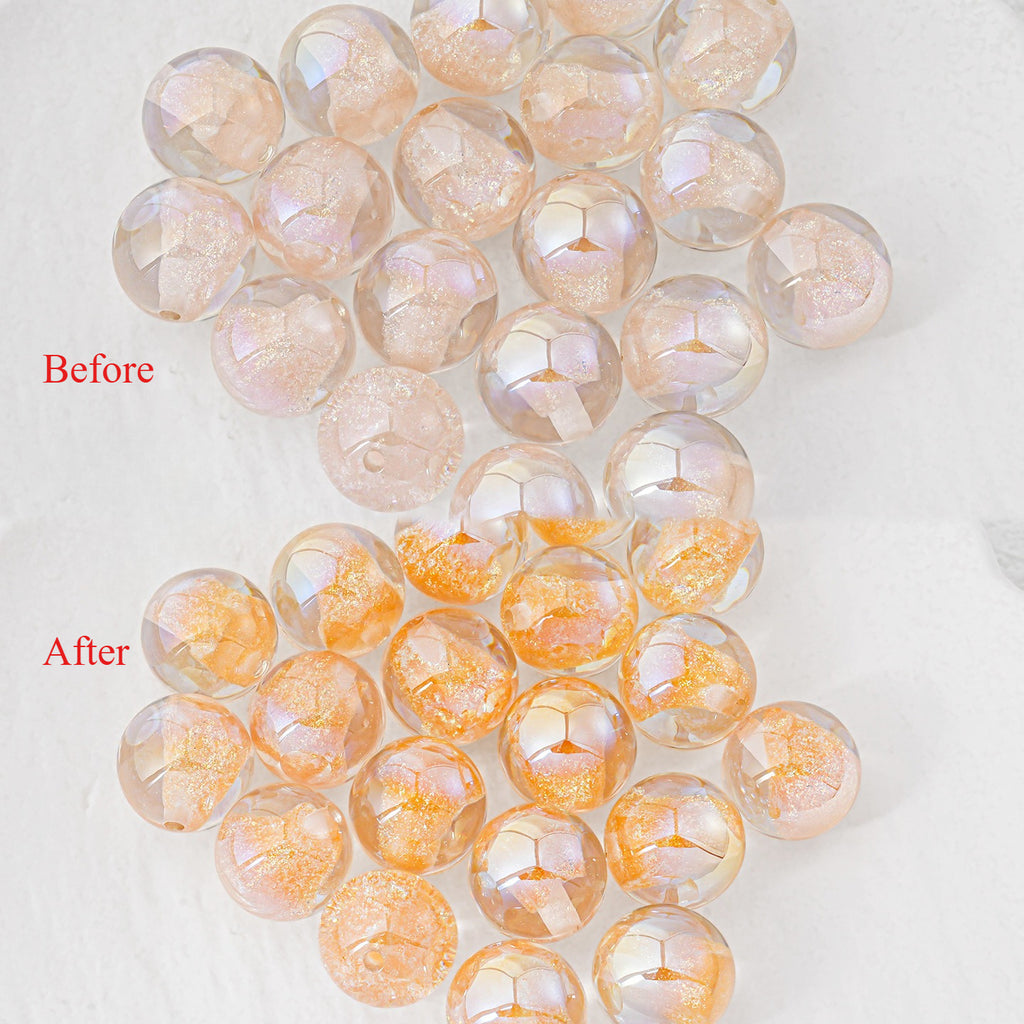 Two clusters of round faceted beads on a white background, labeled 'Before' and 'After' in red text. The top cluster appears clear and pale with subtle iridescent highlights, while the bottom cluster shows the same beads filled with shimmering gold glitter.
